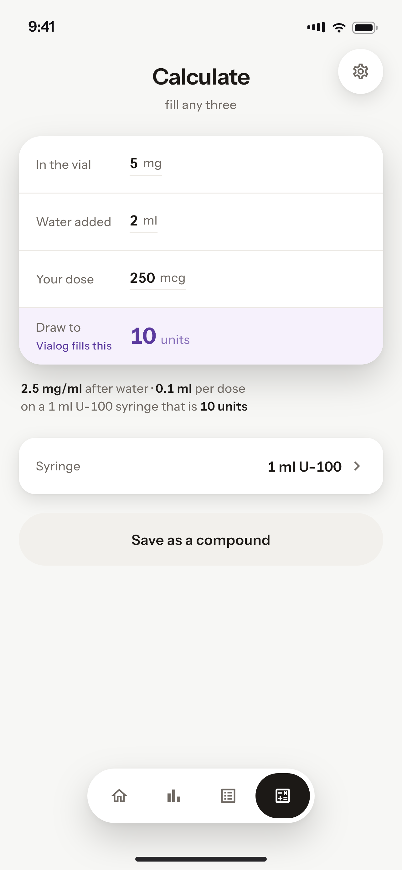 Vialog's calculator: 5 mg in 2 ml at a 250 mcg dose solved to 10 units, with the working shown.