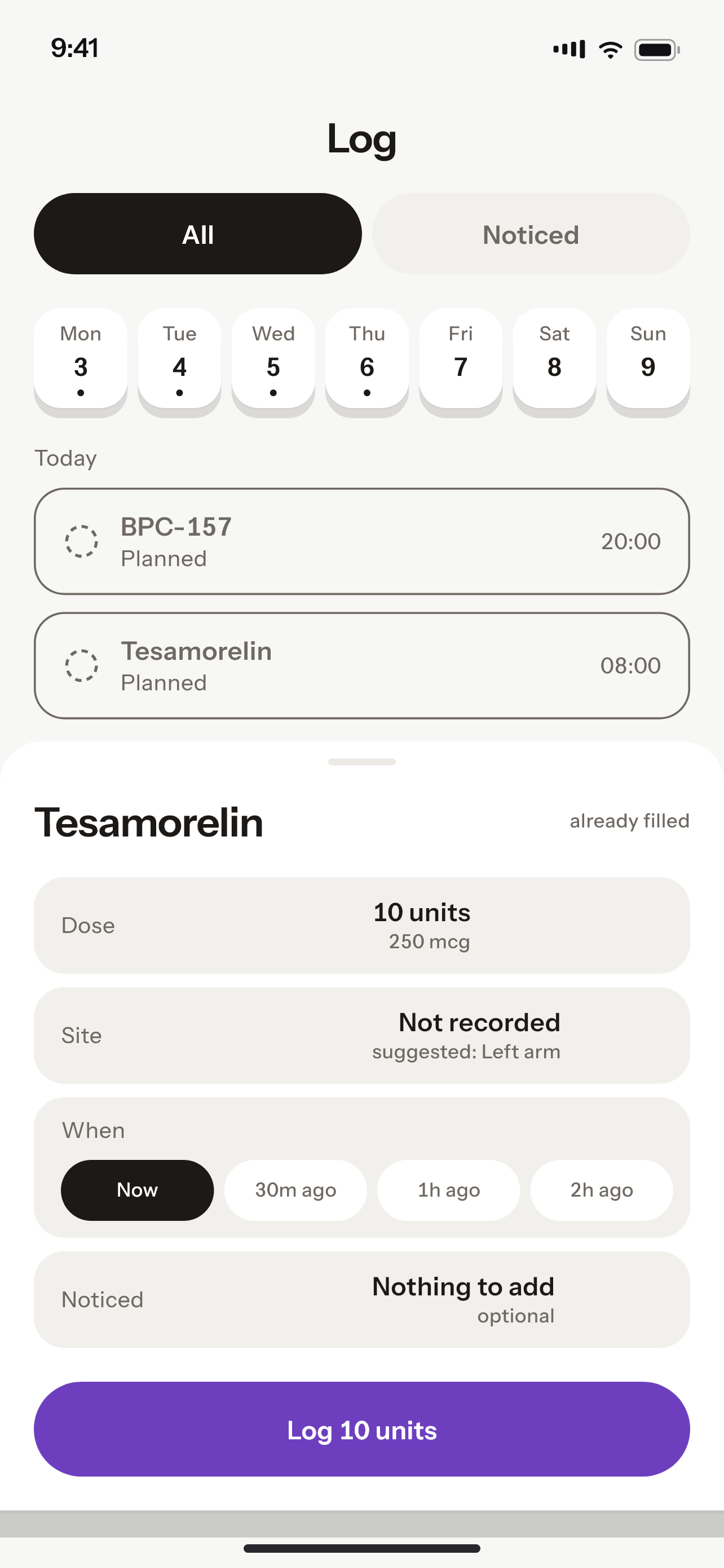 Vialog's log sheet, pre-filled: dose 10 units, injection site, when, and an optional note, with a Log button.