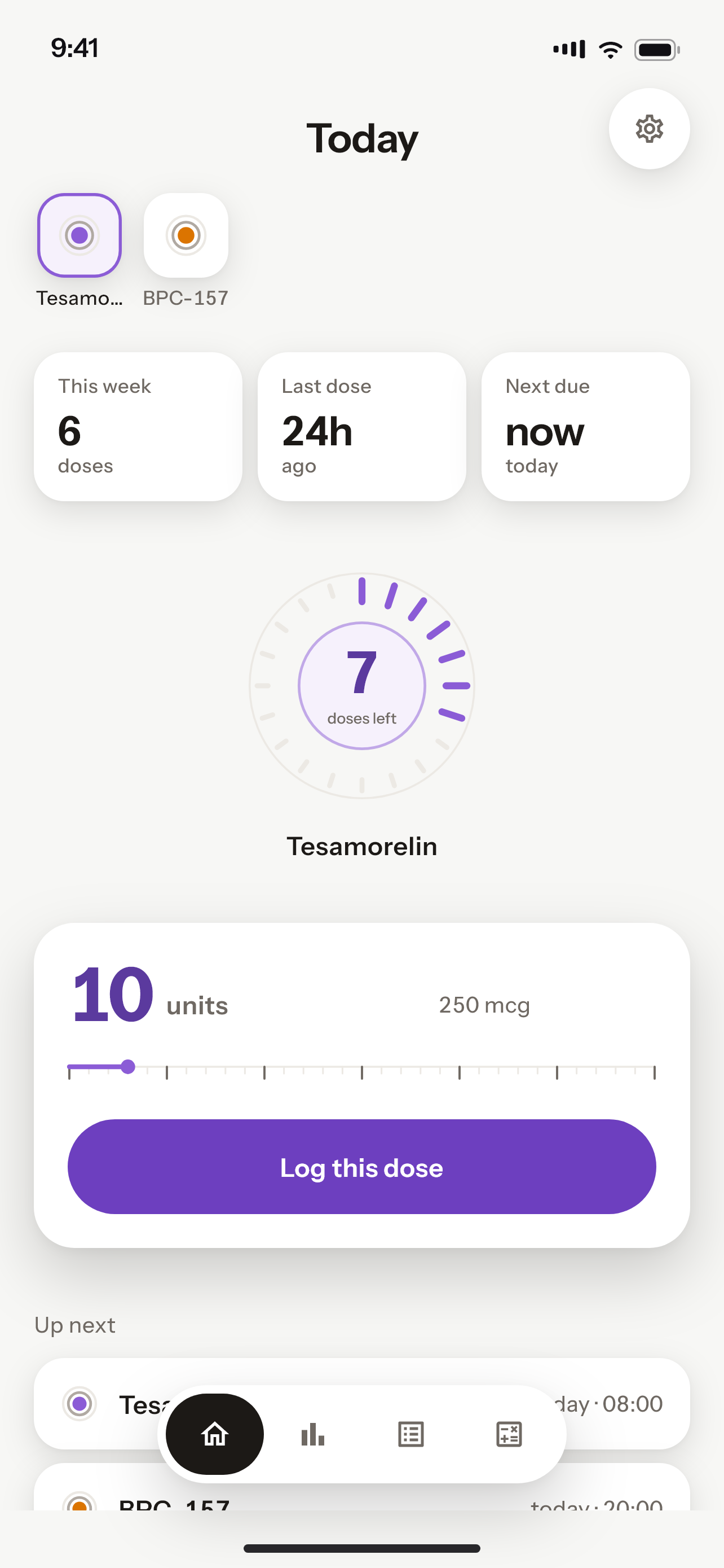 Vialog peptide tracker — the Today screen showing 7 doses left in the vial and a Log this dose button.